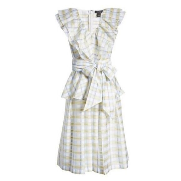 Halogen Atlantic Pacific Womens NWOT Cottage Plaid Belt Ruffle Midi Dress Medium - Picture 1 of 8
